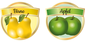 Zeigt zwei Äpfel und zwei Birnen.